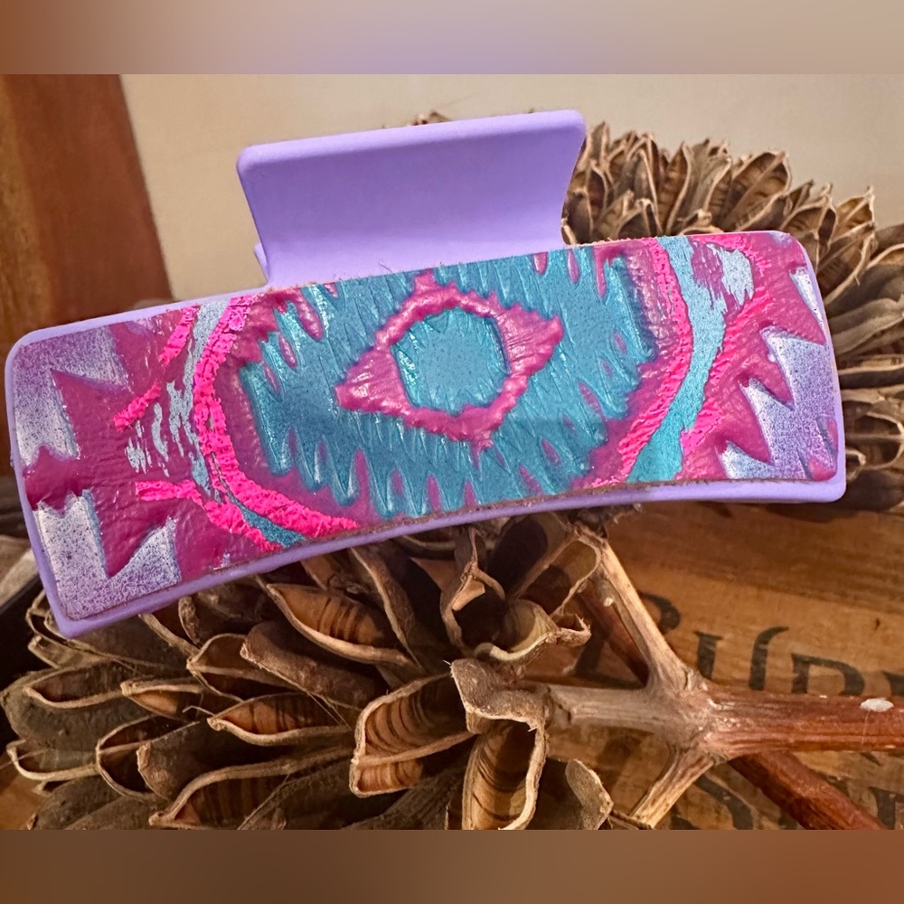 Western Cowgirl Tooled Leather Hair Clip Pink Purple Metallic New